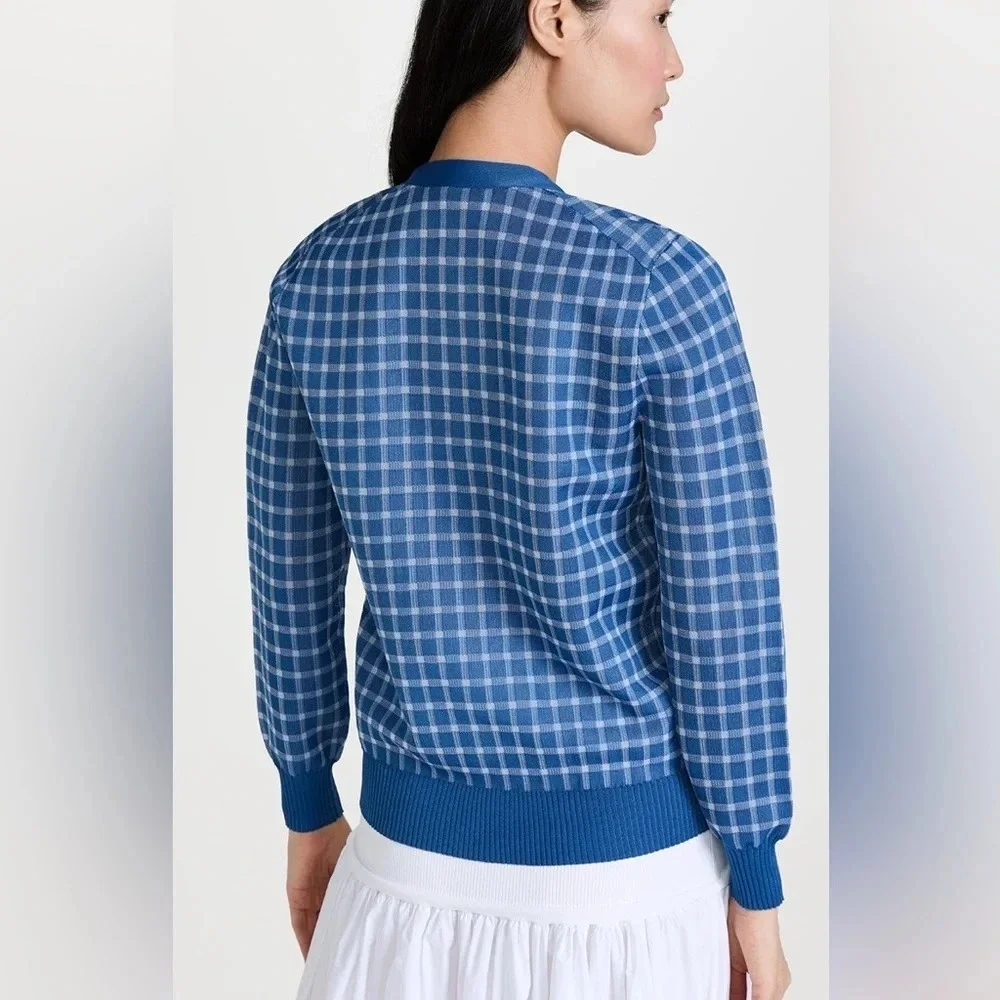 NWT Tory Burch Sheer Plaid Boyfriend Cardigan Blue White long sleeve sweater